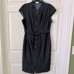 CALVIN KLEIN Button-Down Shirt Dress~SZ 14~Cap Sleeve~Tie Waist~Dark Navy Color